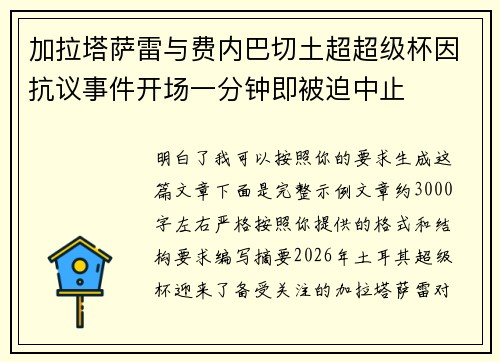 加拉塔萨雷与费内巴切土超超级杯因抗议事件开场一分钟即被迫中止 加拉塔萨雷与费内巴切土超超级杯因抗议事件开场一分钟即被迫中止