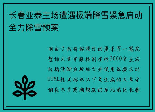 长春亚泰主场遭遇极端降雪紧急启动全力除雪预案 长春亚泰主场遭遇极端降雪紧急启动全力除雪预案